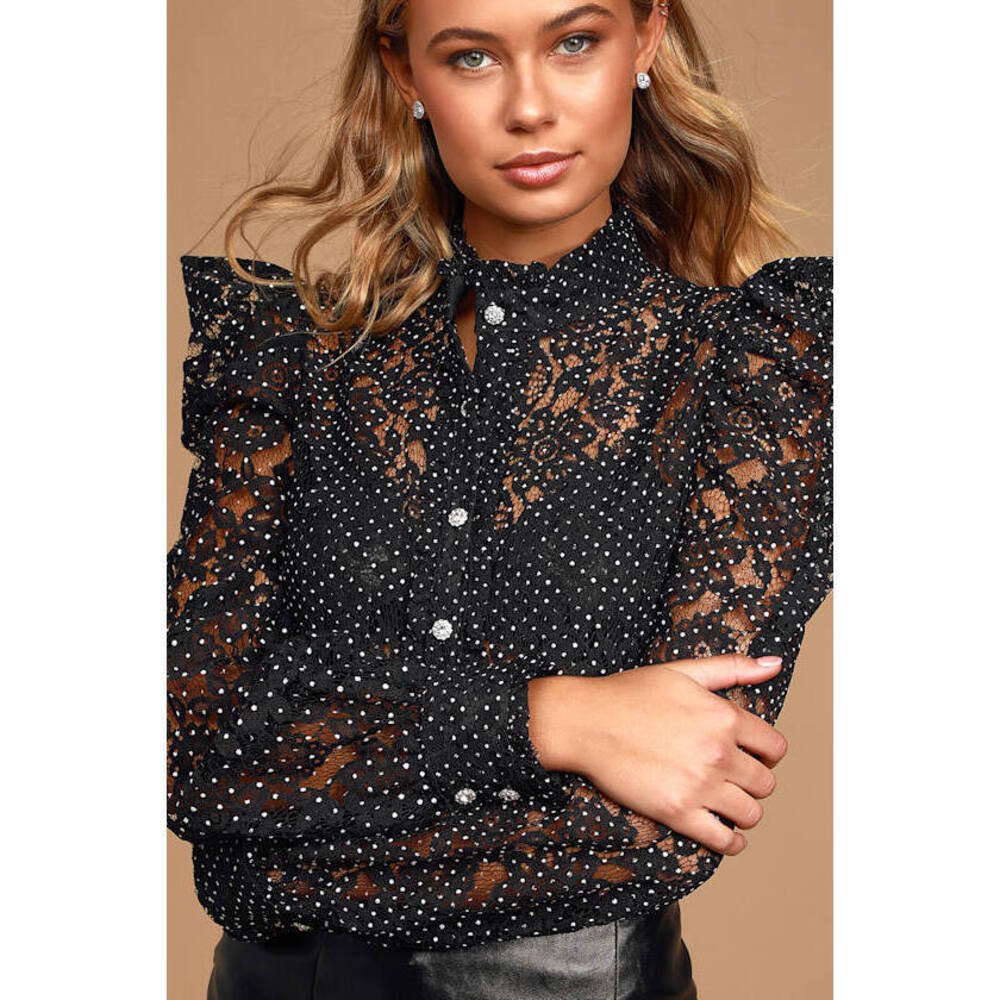 Lulus Respect Black And White Lace Button-up Polka Dot Top - Size XS